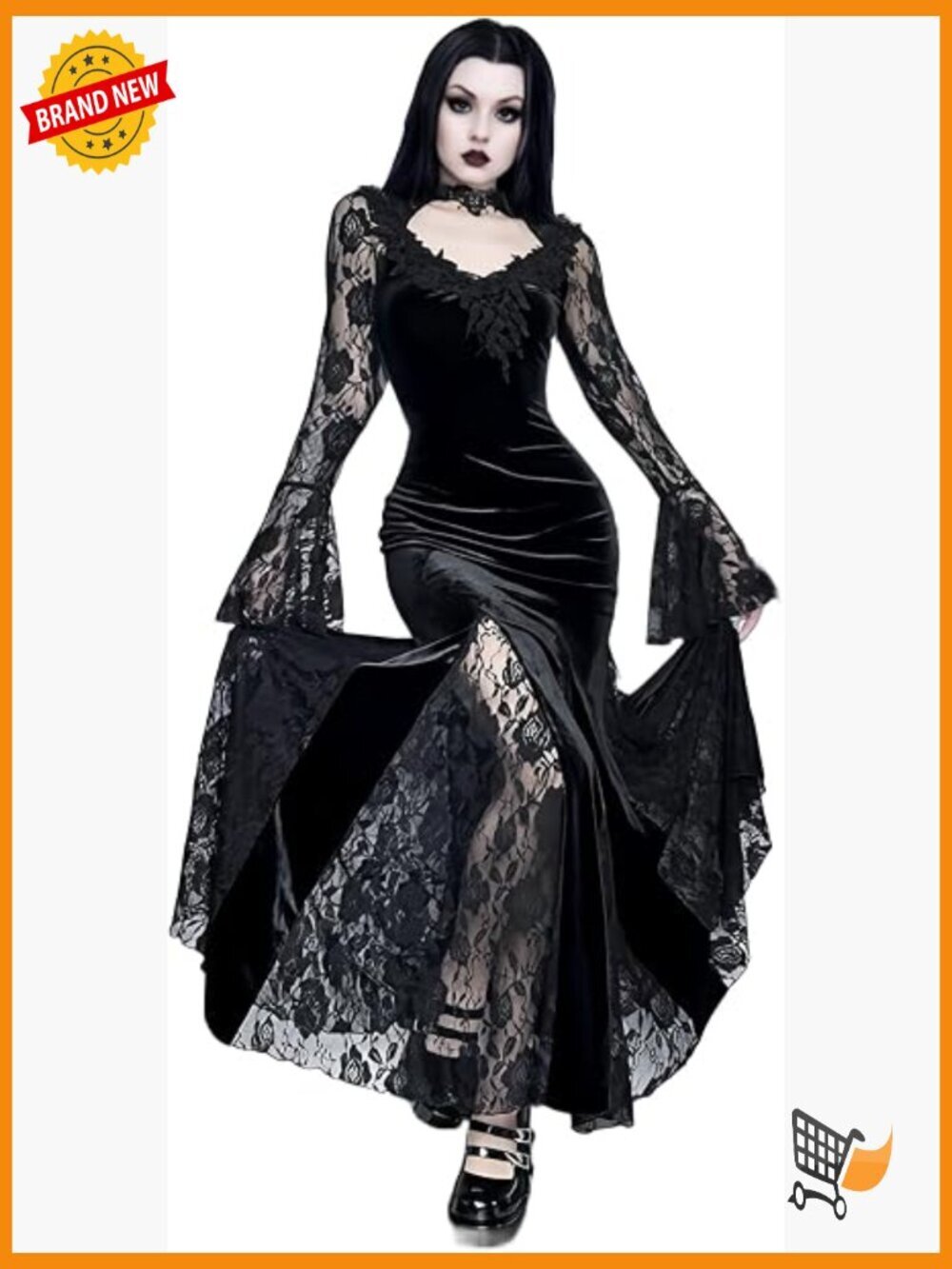 Gothic Slim Lace Fishtail Maxi Dress, High Neck Long Sleeve